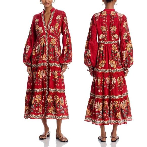 NEW NWT Farm Rio Garden Delight Floral Midi Dress Red Multi Long Sleeve Size XS